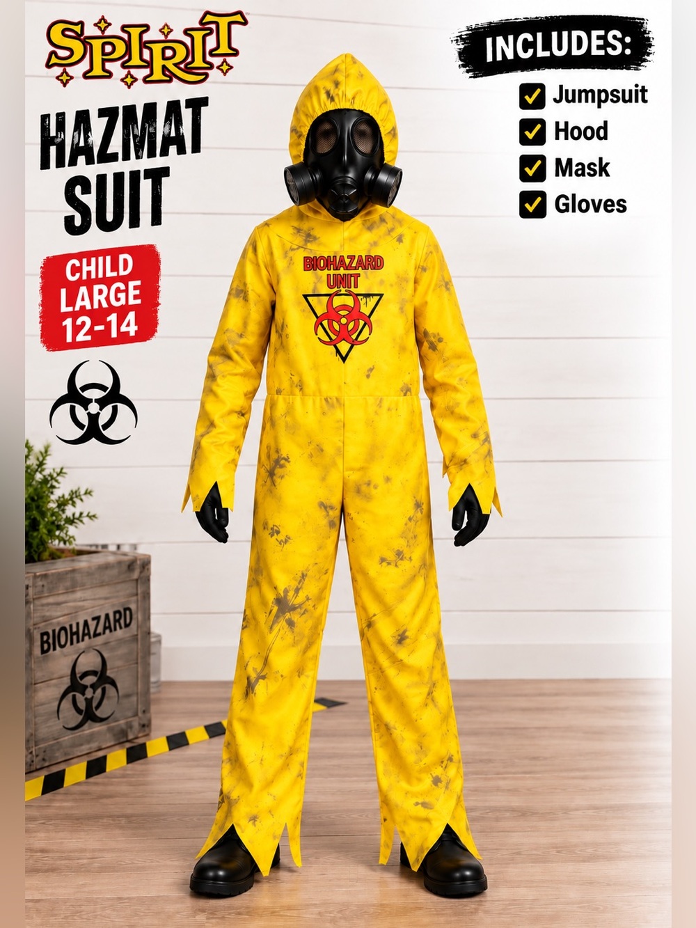 ☣️ Spirit Halloween Hazmat Suit Kids Large 12-14 Costume Mask Gloves